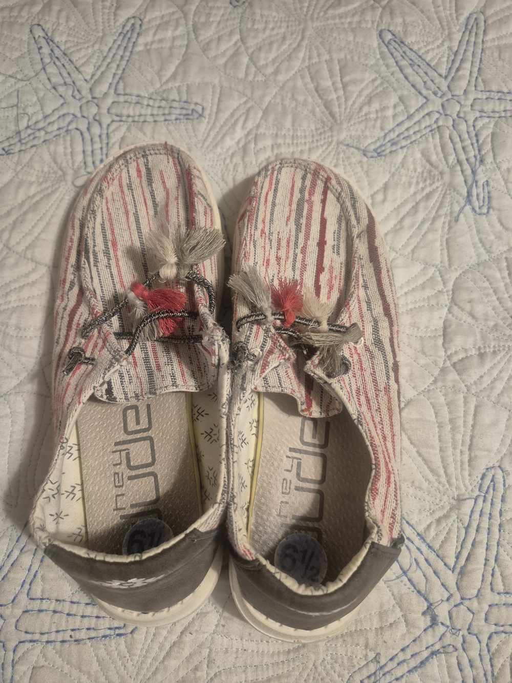 Hey Dudes Slip-On Sneakers in Cream with Red & Gray Stripes